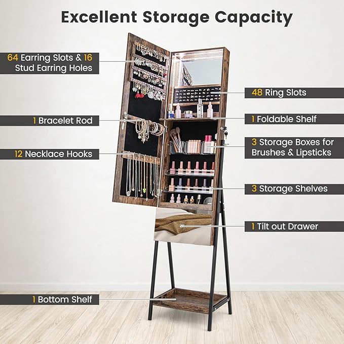 CHARMAID Jewelry Cabinet Armoire with Full Length Mirror, 3-Color Light Strips, Mirrored Tilt out Drawer, Lockable Standing Jewelry Organizer with Storage Shelves, Metal Stand (Rustic Brown)