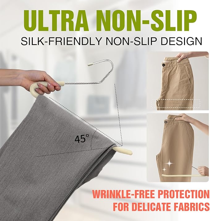 Spring Fever Open Ended Non Slip Sponge Padded Pants Hangers - Chrome Plating Foam Heavy Duty Space Saving Beige Long 30