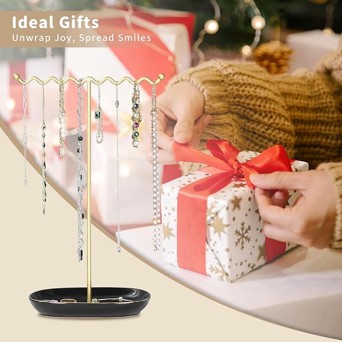 Elegant Jewelry Holder Tree Stand with Ceramic Tray - Metal Necklace Holder Organizer for Rings Bracelets Earrings - Tangle Free, Rustproof Decorative Display for Vanity Dresser Deluxe Black