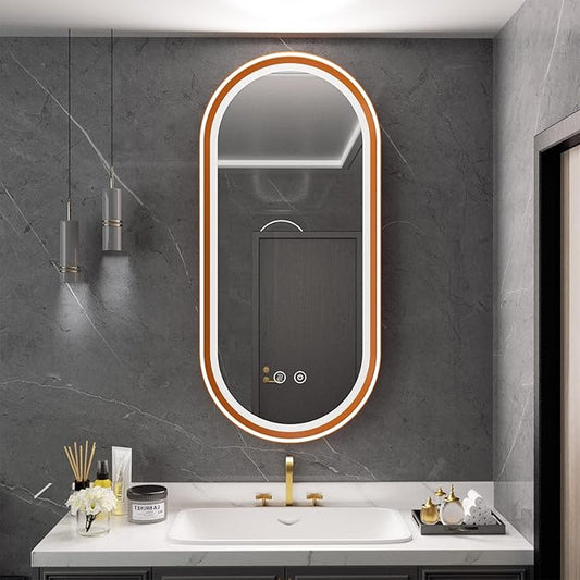 Led Bathroom Mirror with Lights, 20'' x 43'' Oval Heavy Duty Aluminum Frame Bathroom Vanity Mirror with Lights, 3 Colors, Brightness Stepless Dimmable, Anti-Fog, Memory Function, Double LED Orange