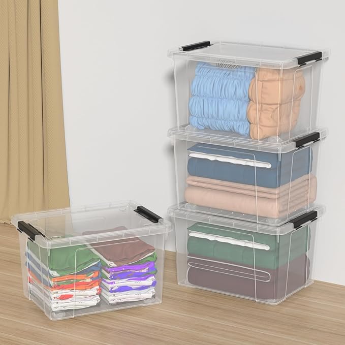 50 Quart Plastic Storage Container with Wheels, Clear Large Storage Bin, 4 Packs