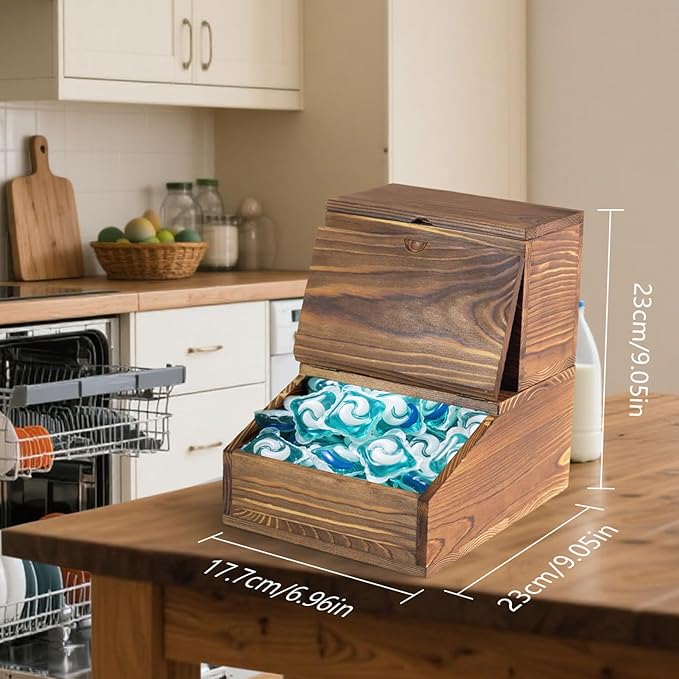 Wooden Laundry Dishwasher Pods Container,Multi-Use Dishwasher Pods Holder & dryer sheet holder, Storage with Spoons for Laundry Room & Kitchen Organization