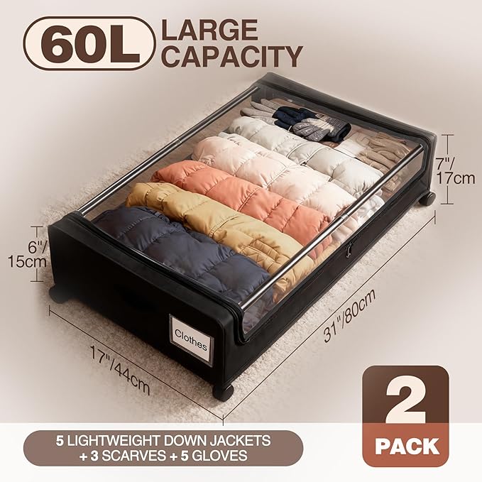 Under Bed Storage with Wheels, 2 Pack Under bed Storage Containers, XXL 60L Rolling Under Bed Drawers on wheels for Clothes, Shoes, Blankets in Bedroom, Dorm, Black