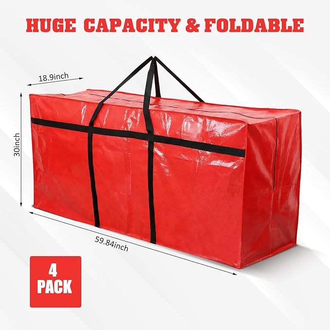 4 Pcs 149 Gallon Large Moving Bags with Zipper and Handles Christmas Tree Bags Foldable Heavy Duty XXL Totes for Christmas 4, 5, 7.5, 9, 10, 12 ft Tree Skeleton Blankets Storage (Red)