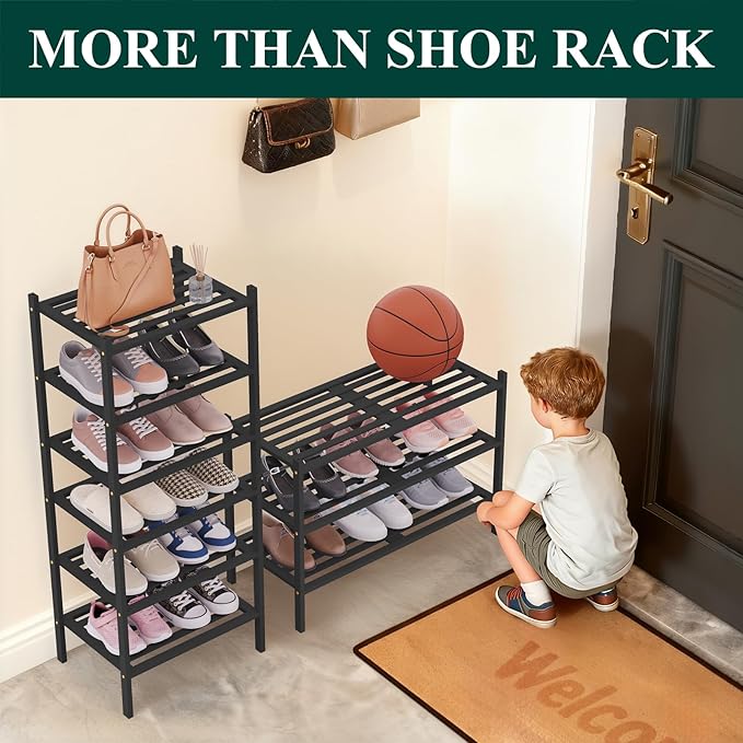 Smiry Bamboo Shoe Rack 2-Tier, Stackable Wooden Shoe Organizer for Entryway & Closet, Free Standing Wood Shoe Storage Shelf for Front Door & Small Spaces, Black