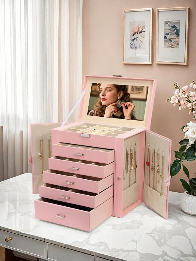 BOOVO Jewelry Box For women, 6 Layer Large Jewelry Organizer With Mirror, Multi-Function Storage Box With Lock, Necklace Holder With 5 Drawers, For Earrings Necklace Bracelet (Silver and Pink)