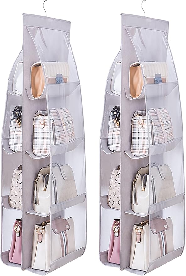 MURRI&MURRDI 2 Packs Hanging Handbag Organizer for Closet, Purse Storage Holder with 8 Easy Access Clear PVC Pockets, Womens Purse Hanger Bag for Wardrobe Door Wall Space Saving, Gray