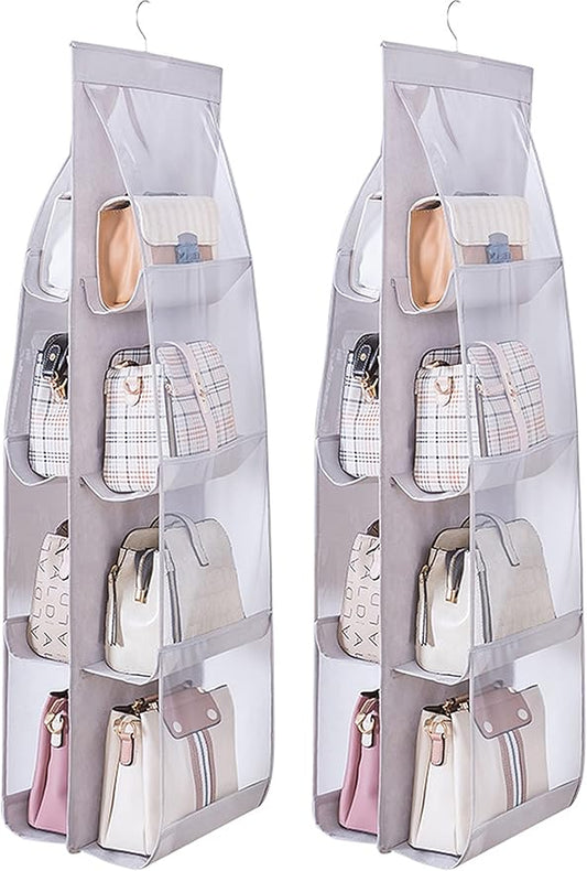 MURRI&MURRDI 2 Packs Hanging Handbag Organizer for Closet, Purse Storage Holder with 8 Easy Access Clear PVC Pockets, Womens Purse Hanger Bag for Wardrobe Door Wall Space Saving, Gray