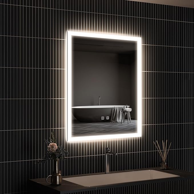 APRILSOUL 24x30 Inch LED Mirror for Bathroom, Led Vanity Mirror with Front and Backlit, 3 Color Lights, Memory Function, Anti-Fog and Dimmable Light (Horizontal/Vertical)