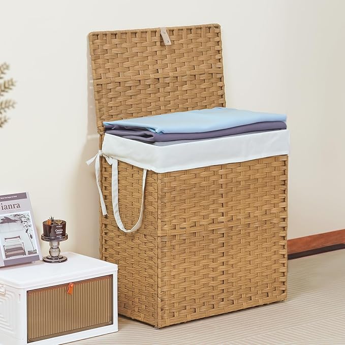 110L Laundry Hamper with Lid, Hand-Woven Pp Rattan Laundry Basket with Compartments & Handles, Removable Liner Bags,Foldable, Narrow Dirty Clothes Basket, Yellow