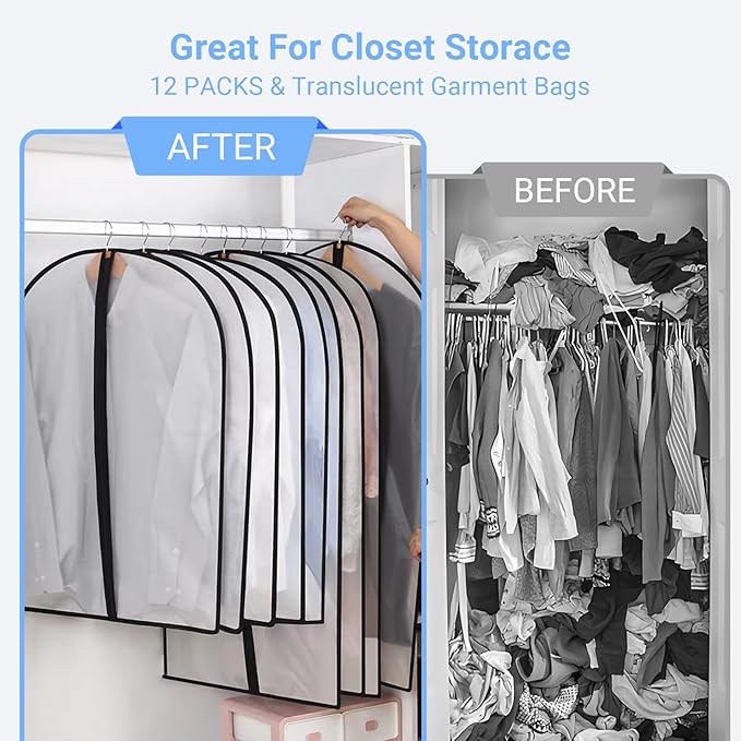 Garment Bags for Hanging Clothes (24''X48'' Set of 12) Suit Bags for Closet Storage Plastic Waterproof Suit Cover Bags with Zipper for Suit, Sweaters, Coat Protector Travel Closet Clothing