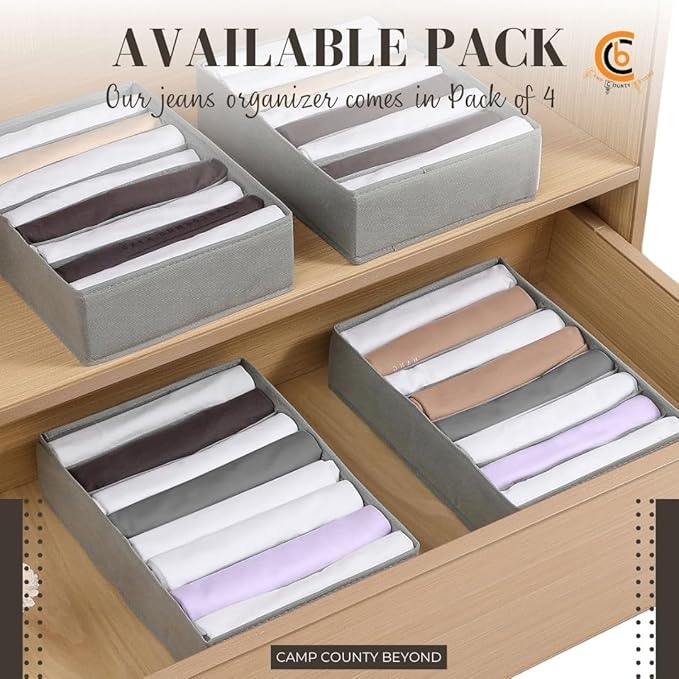 Foldable Wardrobe Clothes Organizer Storage Boxes -Set with 8 Grids - Fabric Shelf Dividers,Large Size Organiser with PPE Sheets ,Stackable Clothing Box for Jeans,Pants, Sweaters,T-Shirts (Pack of 4)