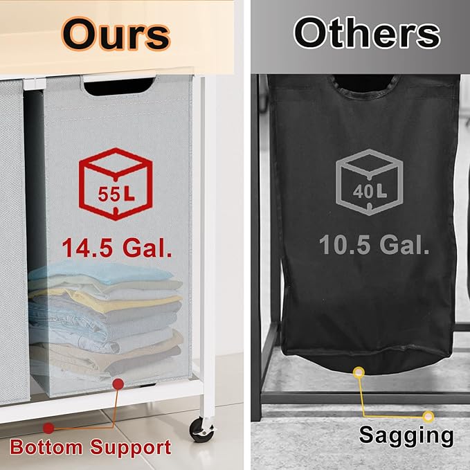 Laundry Hamper, Laundry Sorter 2 Section, Rolling Laundry Basket with Wheels, 2 Shelves, 2 × 14.5 Gal, Pull-Out and Removable Oxford Fabric Bags, for Laundry Room, White and Grey