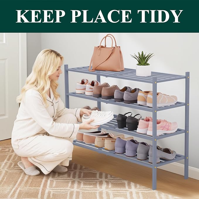 Smiry Long Bamboo Shoe Rack 4-Tier, Stackable Wooden Shoe Organizer for Entryway & Closet, Free Standing Wood Shoe Storage Shelf for Front Door & Small Spaces, Grey