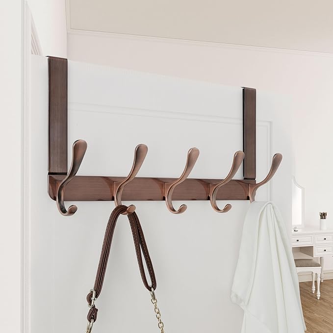 WEBI Over The Door Hook 5 Coat Hooks,Over The Door Towel Rack,Door Hanger Over Door Coat Rack for Hanging Clothes,Towels,Back of Bathroom,Antique Copper,2 Packs
