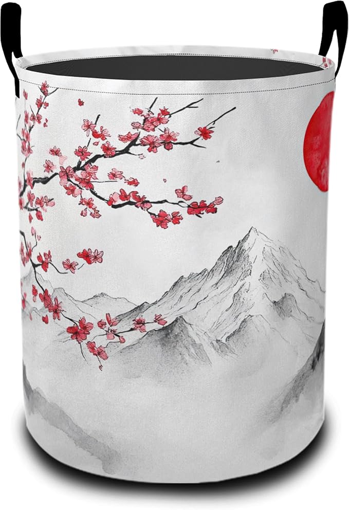 Japan Fuji Mountain Laundry Basket, Cherry Oxford Cloth Laundry Hamper With Handle Foldable Portable Clothes Storage Basket Storage Bag For Laundry Room/Bathroom/Bedroom/Dormitories