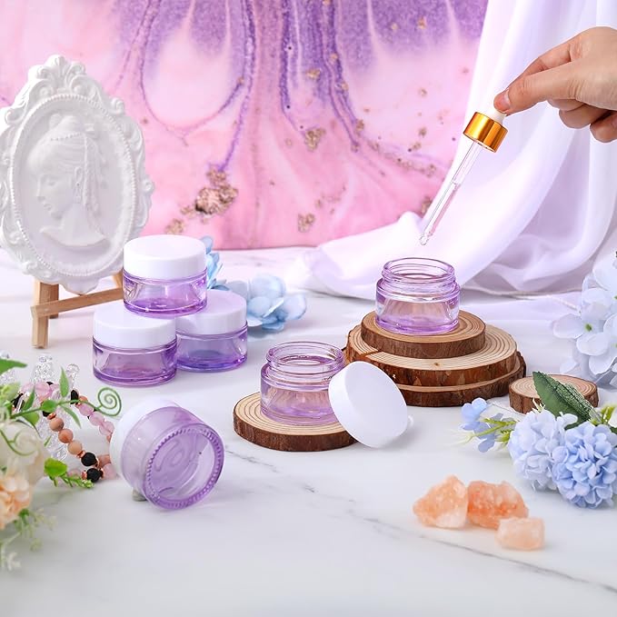 Domensi 60 Pcs 1oz Glass Jars with Lids Bulk Salve Tins Winter Cream Container Small Glass Candle Cosmetic Jars for Travel Lip Balm with Inner Liners for Lotion Sample Cream(Light Purple, White Lids)