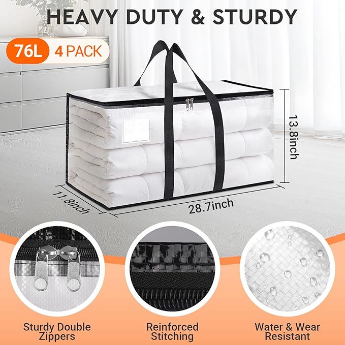 HomeHacks Clear Moving Bags Heavy Duty 4 Pack, Storage Bags with Zipper, Extra Thick Handles & Waterproof Packing Boxes for Moving, Camping, Home Organization 76L/20Gal (28.7"x11.8"x13.8")