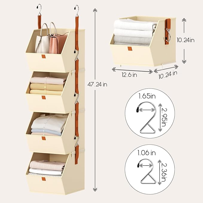 Hanging Closet Organizer 4 Tier - Clothes Hanging Shelves, Space-Saving Closet System, Fabric Storage Bins Bedroom Organization, Collapsible Baskets for Home, Dorm, Rv, Beige, 2 Pack