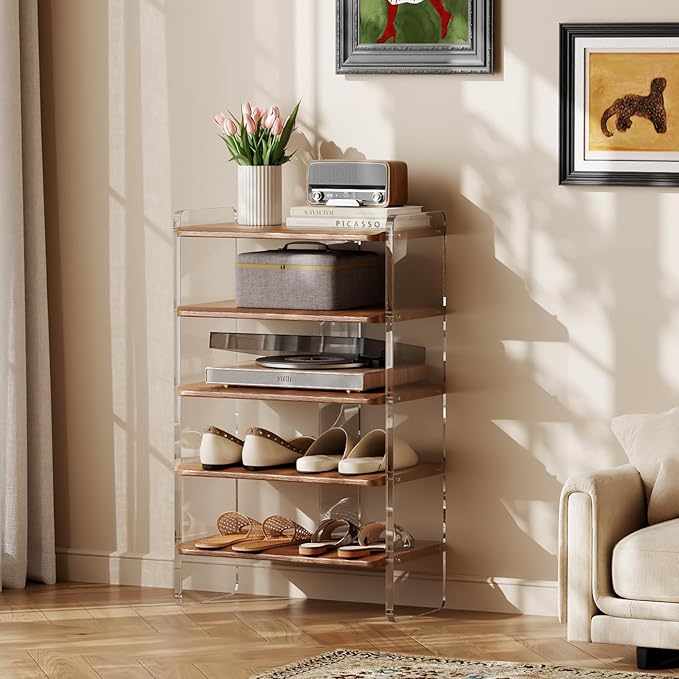 Free Standing Shoe Rack, Closet Shoe Storage Shelves for Entryway Small Space, Garage & Living Room, Wooden Shoe Stand, 5-Tier Modern Shoe Organizer, Solid Wood & Acrylic Frame with Top Shelf