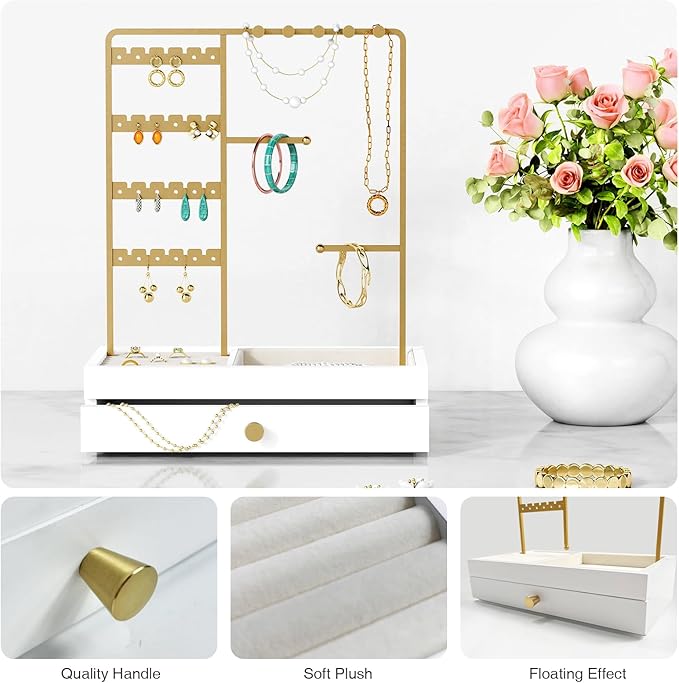 Gold Jewelry Stand Organizer Necklace Holder, Birthday Gifts for Women Girls, Small Jewelry Stand for Earrings Rings Bracelets, Velvet Jewelry Hanger Tree, Mothers Day Gifts - White and Gold
