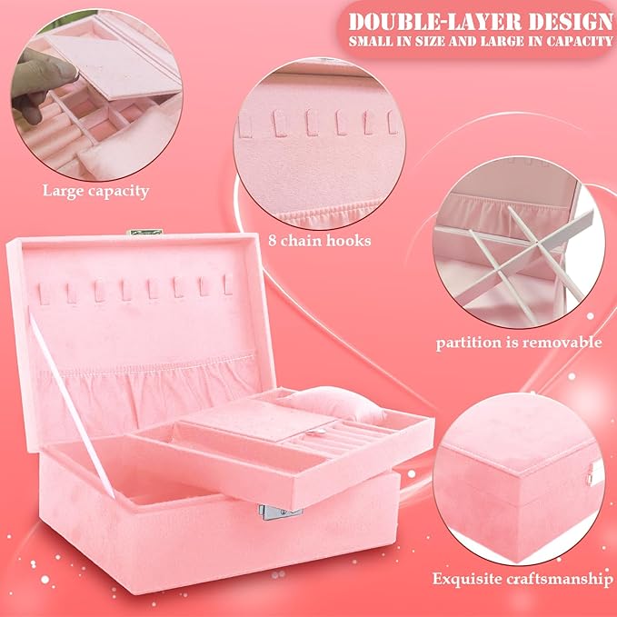 Nsmykhg Velvet Jewelry Box Organizer - 2 Pack Lockable 2 Layer Travel Case with Removable Tray, Jewelry Storage for Women & Men, Jewelry Display Case for Rings, Necklace, Earrings (Pink)