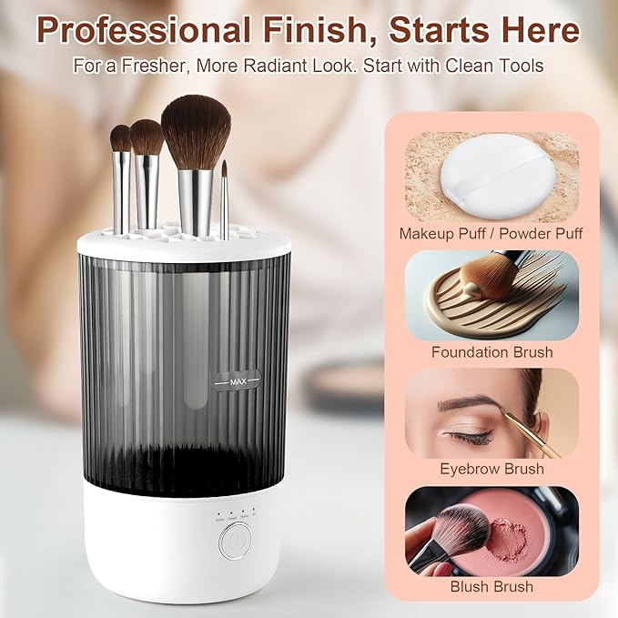 Electric Makeup Brush Cleaner with 4 Timer Settings, Portable Automatic Makeup Brush Cleaner Machine for Travel and Home Use, One-Touch Cleaning with 1800mAh Rechargeable Battery for All Brush Sizes