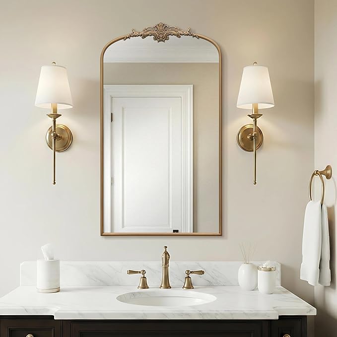 Besdomus Vintage Gold Arched Mirror: 24"x42" Large Arch Gold Antique Wall Mounted Mirror - Traditional Ornate Home Decor for Entryway/Fireplace/Bathroom - Idea for High-Income Homemakers