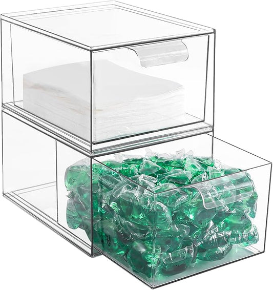 Stackable Laundry Pods Container and Dryer Sheet Holder, Dishwasher Pods Container, Laundry Room Organization and Storage, Plastic Dryer Sheet Dispenser Box, 2 Pack