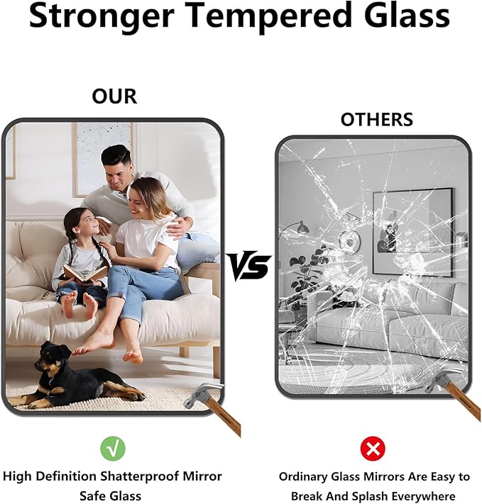 Koonmi Bathroom Mirror, 30X40 Inch Black Metal Framed Mirror for Bathroom, Tempered Glass, Anti-Rust, Rounded Rectangle Mirror for Restroom, Bedroom, Black
