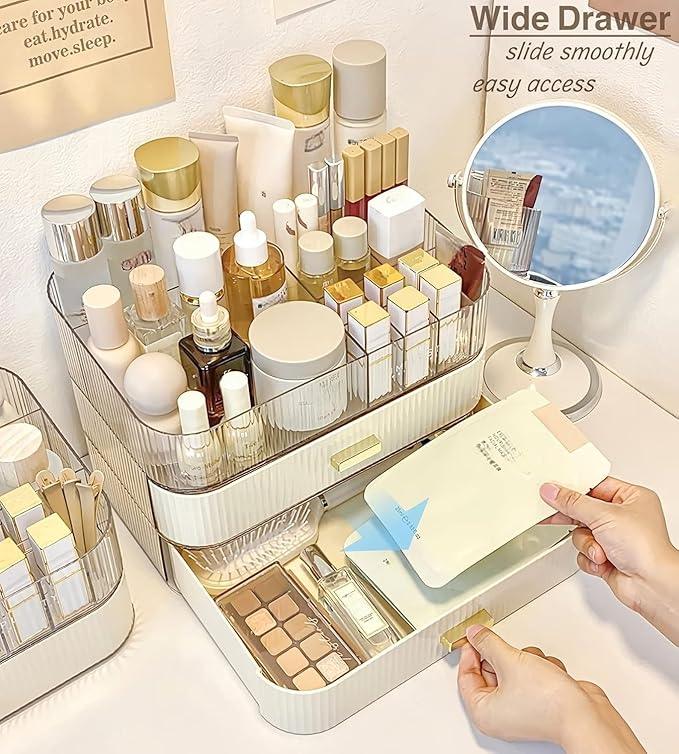 Makeup Organizer With Stackable Drawer, Cosmetic Storage Display Case for Vanity, Bathroom Countertop or Dresser,Counter top Holder for Lipstick, Brushes, Lotions, Eyeshadow, Nail Polish