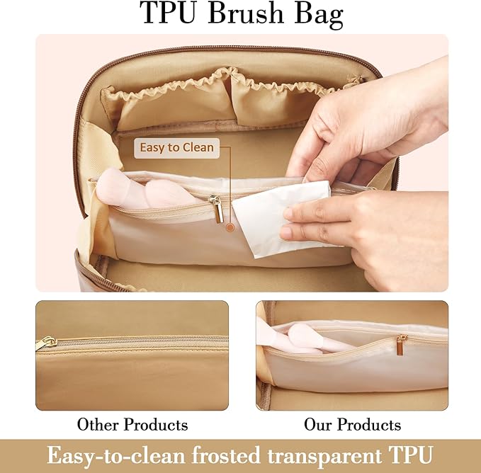 Valentine's Day Gifts for Women Teen Girl, Personalized Initial Makeup Organizer Bag Set, Open Flat Travel Cosmetic Bag With Clear Divider and Handle(Beige,P)