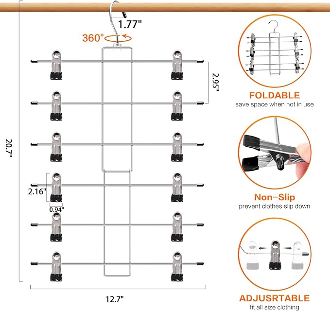 Closet Organizers and Storage, 6 Tier Storage and Organization Pants Hangers Space Saving, Metal Skirt Hangers with Adjustable Clip, 360° Swivel Hook, Dorm Room Essentials for College Students Girls