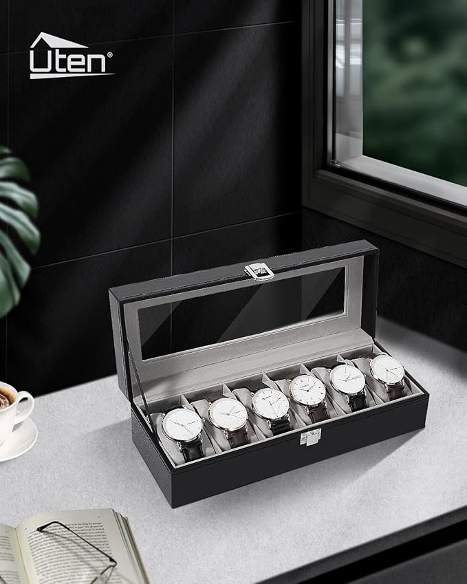 Uten Watch Boxes 6 Slots, Watch Display Storage Box PU Jewelry Collection Case Organiser Holder