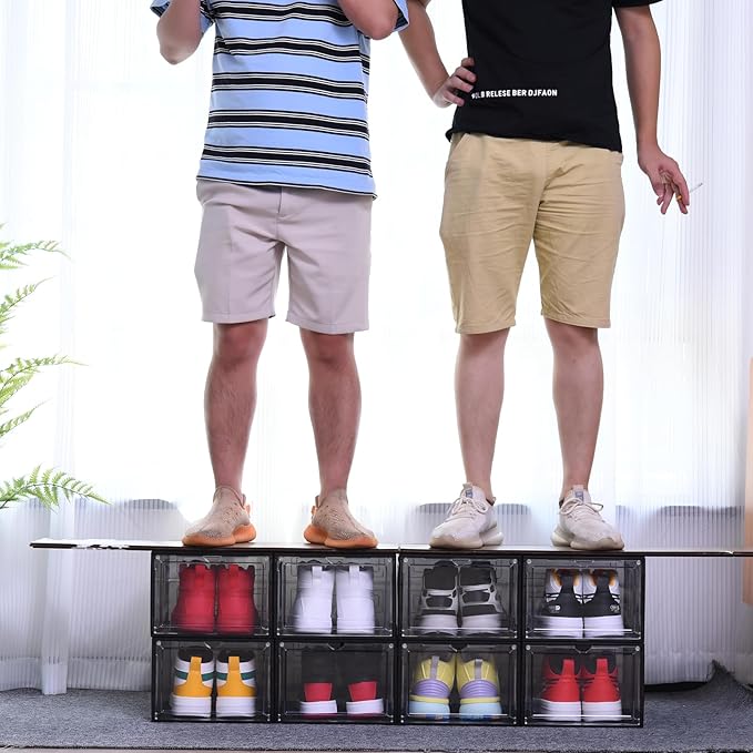 Large Black Shoe Storage Boxes Stackable, 12 Pack Hard Plastic Shoe Storage Organizer with Magnetic Door, Shoe Container Sneaker Storage Display Case Fit up to US Size 12 Black