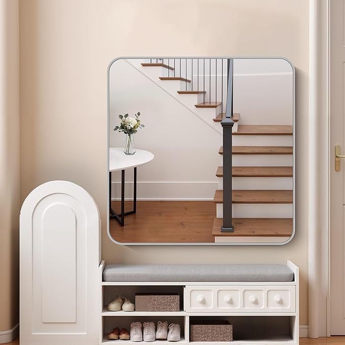 FORBATH 42x42 Inch Silver Bathroom Mirror for Over Sink, Large Square Wall Mirror with Metal Frame, Rounded Corners for Bathroom, Bedroom, Entryway Decor (Horizontal or Vertical)