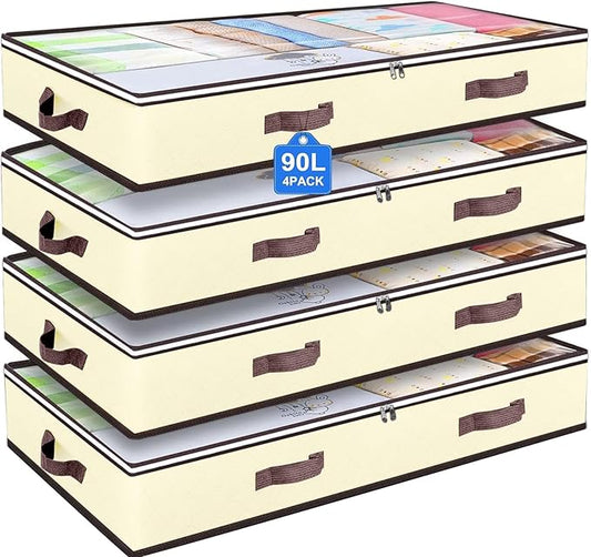 90L Under Bed Storage Containers, Closet Organizers and Storage Bins, Foldable Underbed Storages Bags for Blankets, Towels, Comforter, Sweaters, Pillows, Linen Sheets, Wrapping Paper, 4 Pack Beige