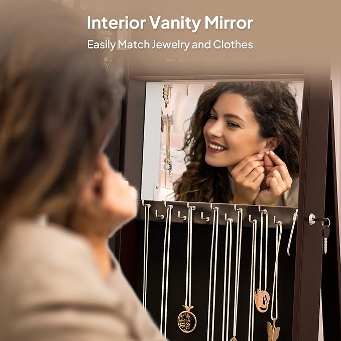 Bonnlo 360° Swivel Jewelry Mirror Cabinet with Inside Makeup Mirror,Full Length Mirror with Jewelry Storage, Lockable Standing Jewelry Armoire Organizer, Espejo Oon Almacenamiento for Bedroom,Brown