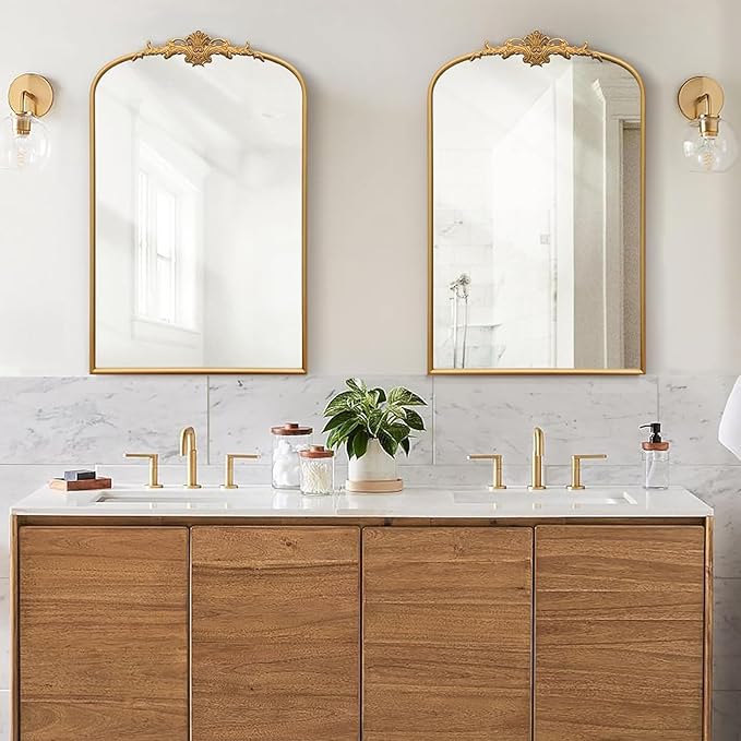 Besdomus Antique Arched Wall Mirror: 24"x36" Large Arch Gleaming Gold Vintage Wall Mounted Mirror - Traditional Ornate Home Decor for Entryway/Fireplace/Bathroom - Idea for Homemakers