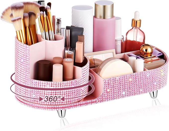 Teen Girls Women Gift 360 Rotating Bling Makeup Organizer Large Rhinestone Diamond Bathroom Organizer Girly Skin Care Brush Holder for Countertop,Bathroom Essentials(Pink,Rhinestone)
