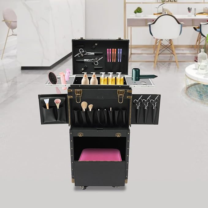 Professional Barber Case,Makeup Train Cart,Hair Cutting Tools Storage Organizer,Cosmetic Trolley Large Storage Organizer,Barber Supplies Case with Wheels and 2 Keys,Black (Black-Type3)