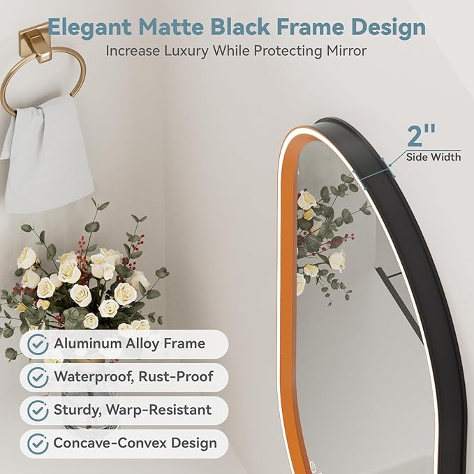 Led Bathroom Mirror with Lights, 24'' x 40'' Oval Heavy Duty Aluminum Frame Bathroom Vanity Mirror with Lights, 3 Colors, Brightness Stepless Dimmable, Anti-Fog, Memory Function, Single LED Orange