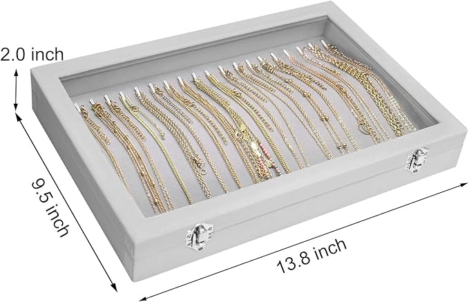 Necklace Organizer Box Premium 20 Hooks Velvet Necklace Display Jewelry Tray with Transparent Lid Jewelry Necklace Display Box for Necklace Pendants Suitable for Women and Girls (Grey)