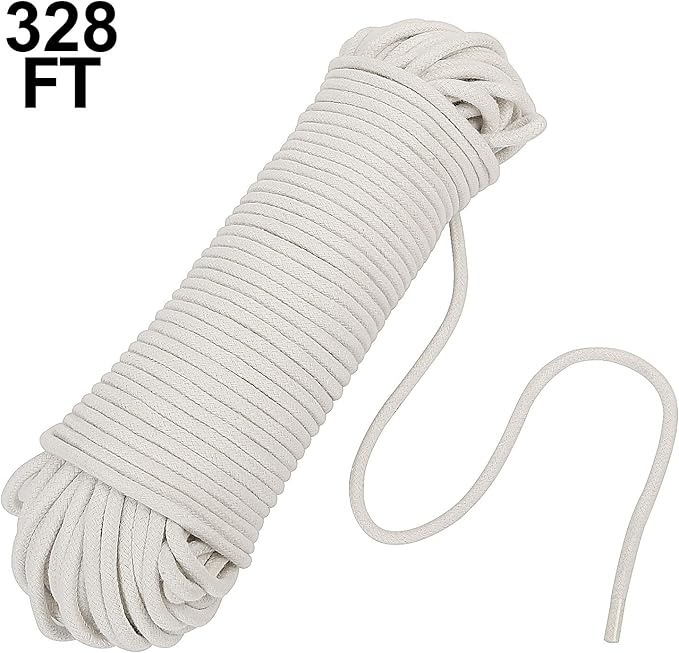 KEILEOHO 328 FT 1/4 Inch White Cotton Rope, Clothesline Rope, Craft Knitting Dream Catcher Rope, Clothesline for DIY Rope Basket Bowl Mat Candle Replacement Wick, with 2 Stainless Steel Hooks