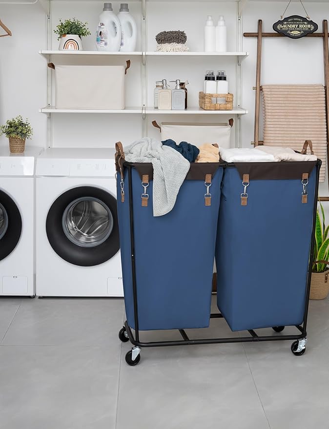 StorageWorks 390L Extra Large Laundry Hamper with Wheels, Laundry Basket with Wheels 2 Sections, Clothes Sorter Cart with Divider for Hotel, Home, Blue, 1-Pack