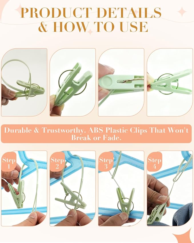 100 Pack Multi Purpose Laundry Hanging Clips with Rope, Heavy Duty Hanger Hooks for Baby Clothes, Pants, Socks, Hats (Light Blue, Light Gray, Light Pink, Green, Light Yellow)