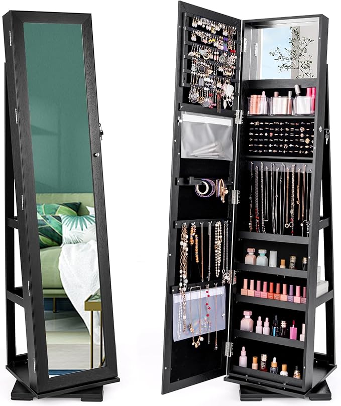 CHARMAID 360° Swivel Jewelry Armoire with Full Length Mirror, Standing Lockable Jewelry Cabinet Organizer, Large Storage Capacity, Inside Makeup Mirror, Back Storage Shelves (Black)
