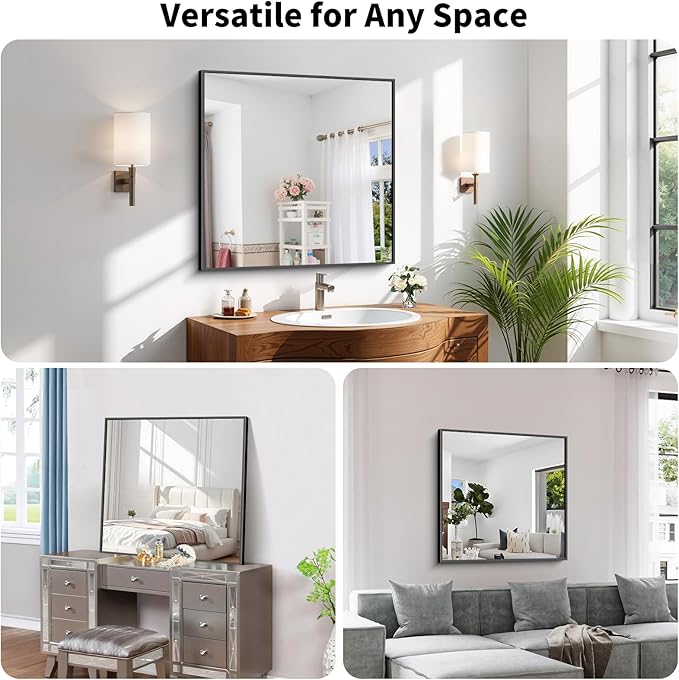 Koonmi Black Framed Bathroom Mirror - Shatterproof 30"x30" Tempered Glass, HD No Distortion, Horizontal/Vertical Mount, Modern Matte Aluminum Alloy Frame