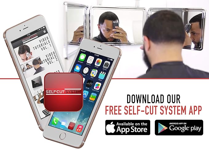 Self Cut System 3 Way Mirror for Self Hair Cutting, Trifold Barber Mirror with Height Adjustable Hooks, 360 View, Includes Free Educational Mobile App (Black Lambo)