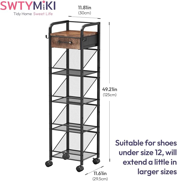 SWTYMIKI Rolling Vertical Shoe Rack - Shoe Tower with Drawer and Hooks, Shoe Storage Organizer for Entryway Closet Bedroom, Space-Saving Wood and Metal Narrow Shoe Shelf, Espresso